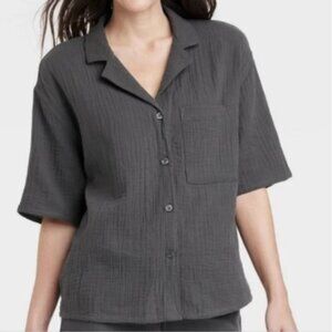 Stars Above Cotton Gauze Button Up Pajama Top Womens Medium Charcoal Gray Lounge